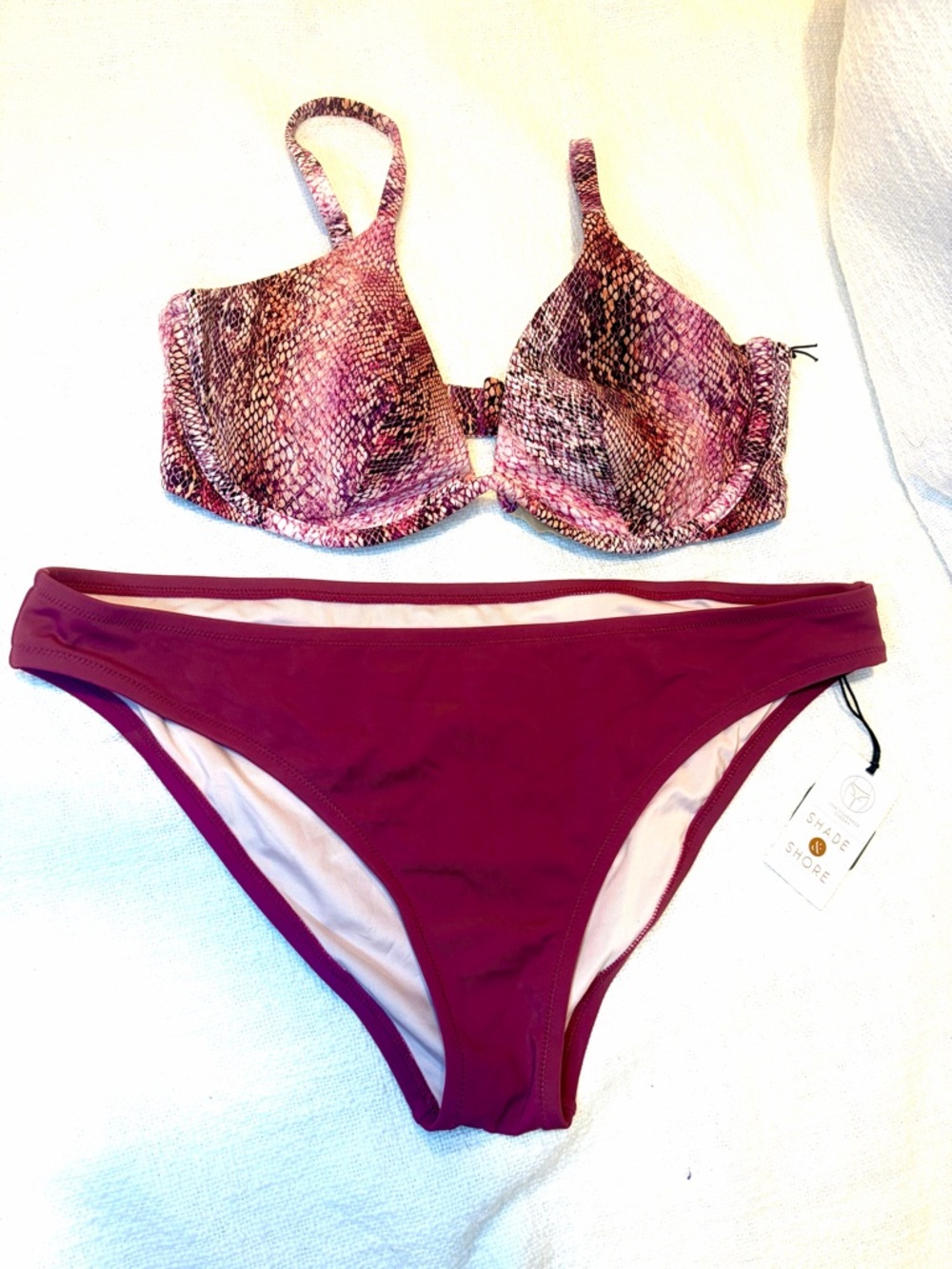 Shade & Shore Underwire Bikini Top Pink Snake Skin & Cheeky Bottom - New